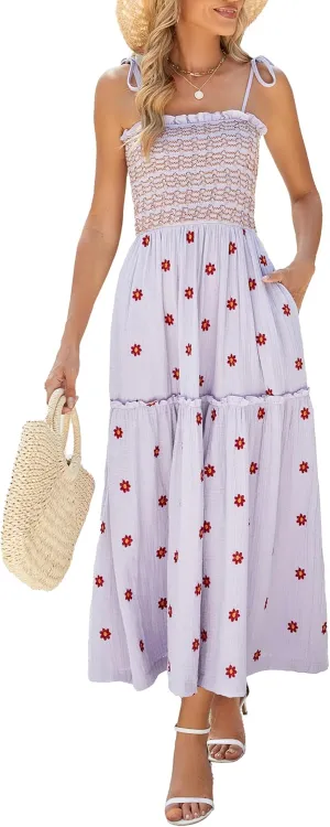 Women Floral Embroidered Maxi Dress Sleeveless Tie Shoulder Smocked Flowy Dress Boho Summer Sundresses with Pockets