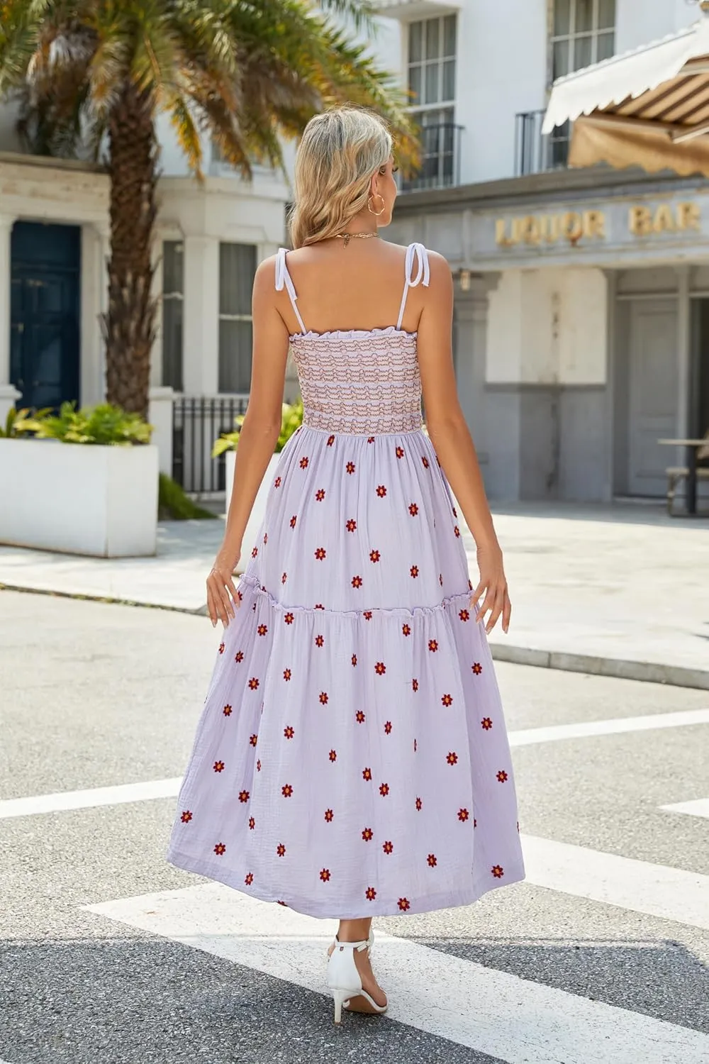 Women Floral Embroidered Maxi Dress Sleeveless Tie Shoulder Smocked Flowy Dress Boho Summer Sundresses with Pockets
