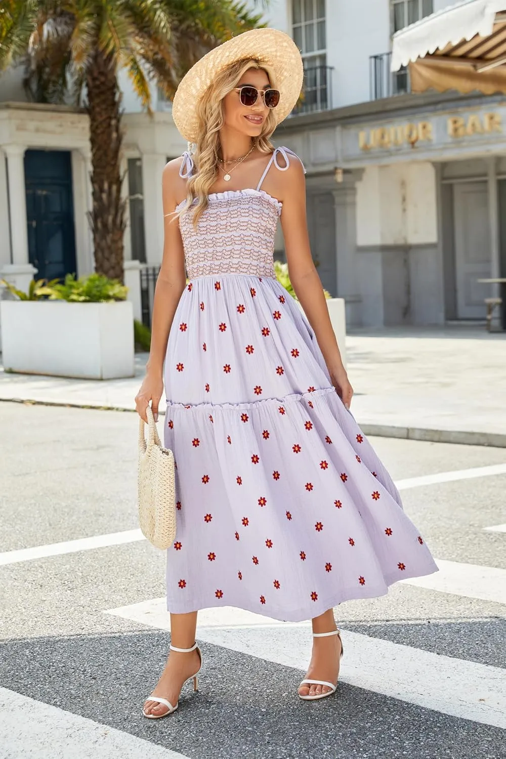 Women Floral Embroidered Maxi Dress Sleeveless Tie Shoulder Smocked Flowy Dress Boho Summer Sundresses with Pockets