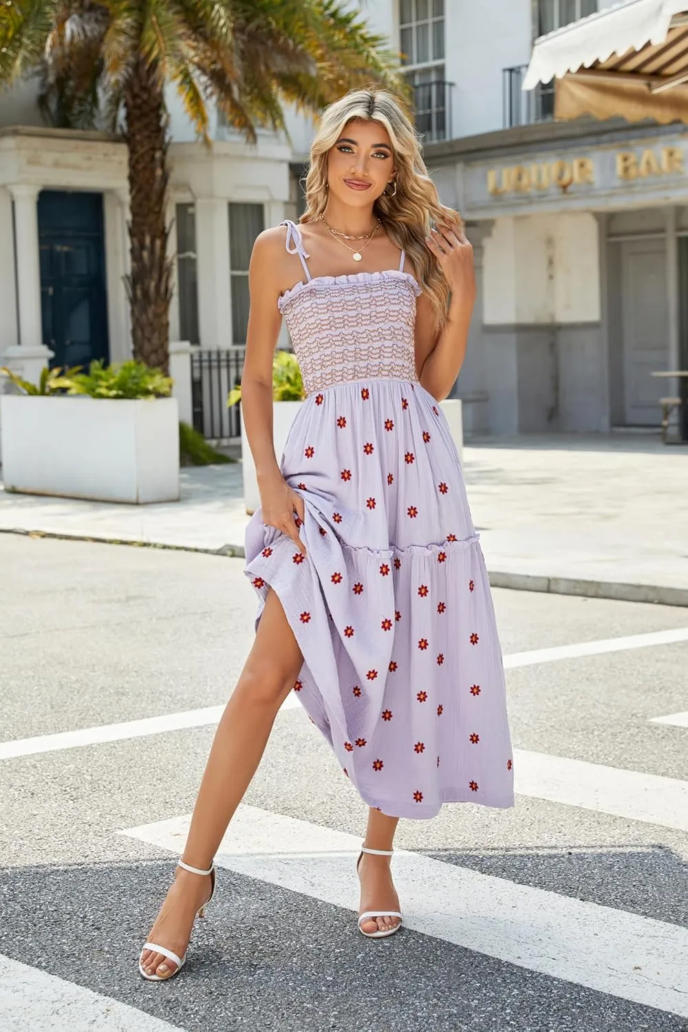 Women Floral Embroidered Maxi Dress Sleeveless Tie Shoulder Smocked Flowy Dress Boho Summer Sundresses with Pockets