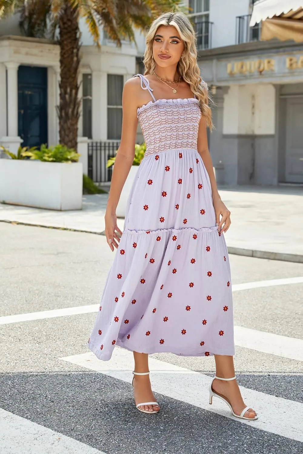 Women Floral Embroidered Maxi Dress Sleeveless Tie Shoulder Smocked Flowy Dress Boho Summer Sundresses with Pockets