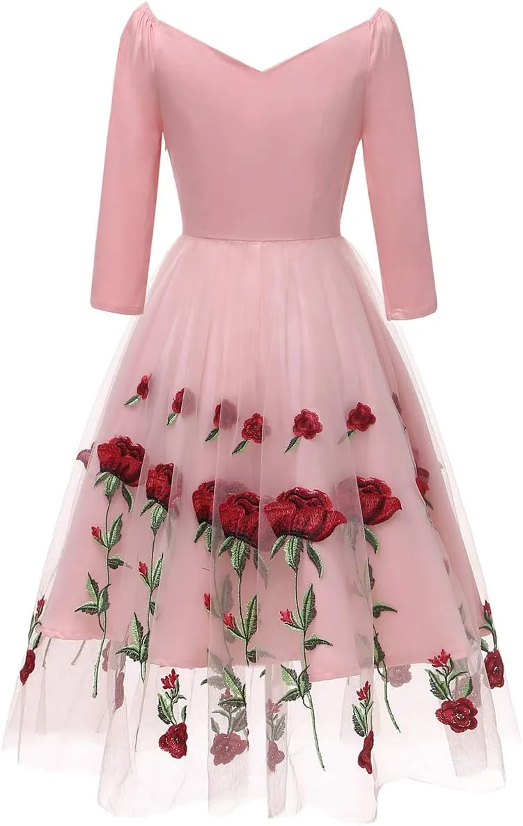 Women Vintage Off Shoulder Rose Embroidered Floral Evening Dress V Neck Short 3/4 Sleeves Wedding Cocktail A Line Midi Gown