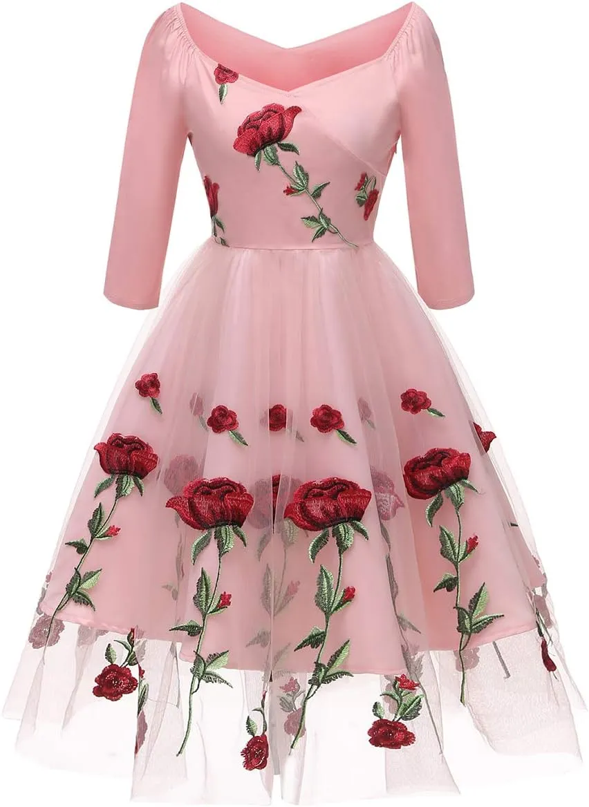 Women Vintage Off Shoulder Rose Embroidered Floral Evening Dress V Neck Short 3/4 Sleeves Wedding Cocktail A Line Midi Gown