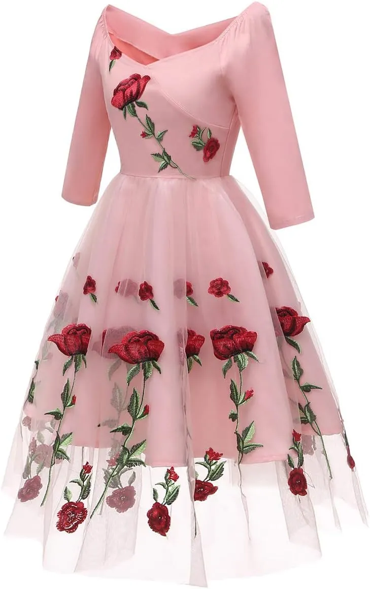Women Vintage Off Shoulder Rose Embroidered Floral Evening Dress V Neck Short 3/4 Sleeves Wedding Cocktail A Line Midi Gown