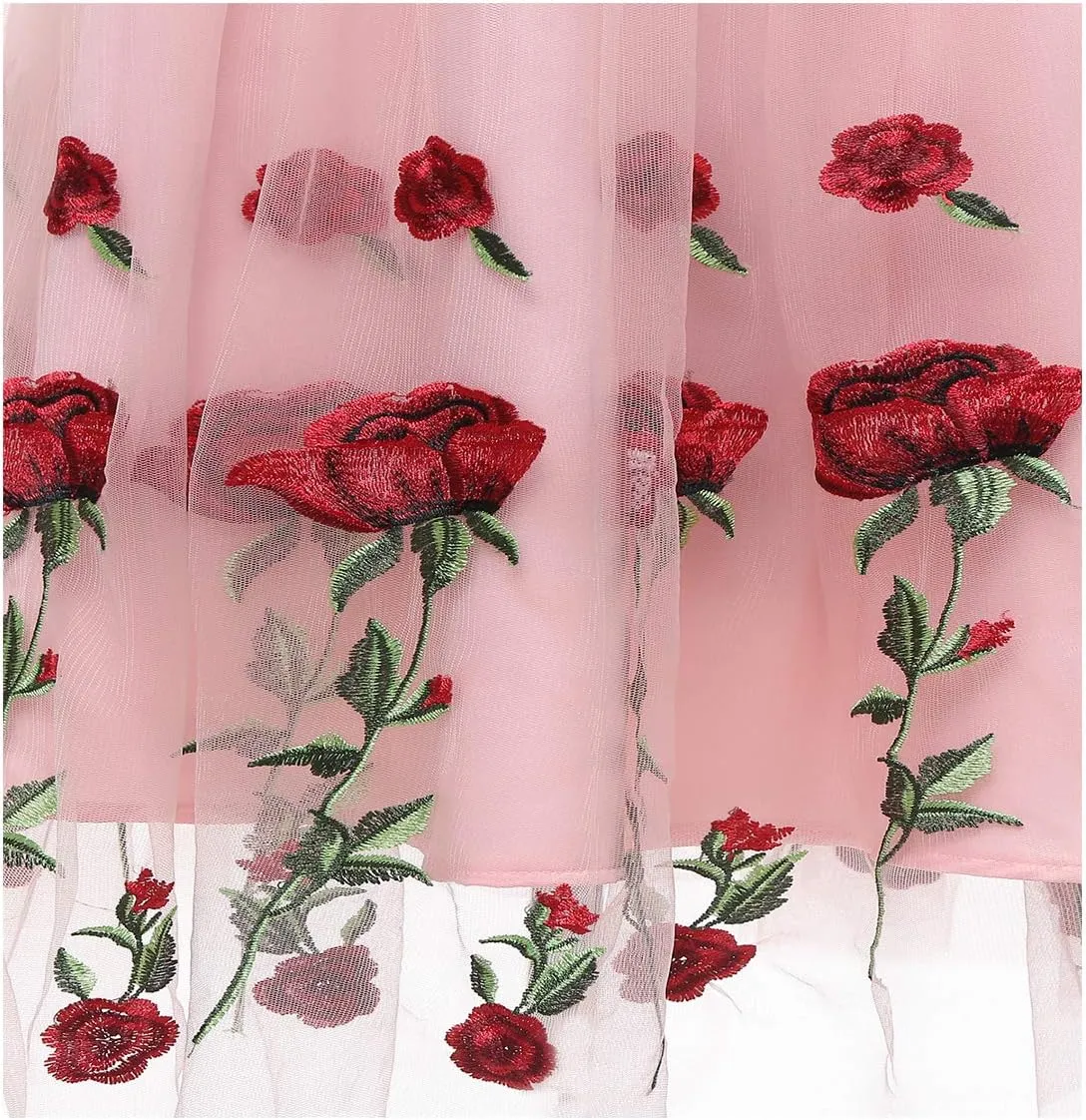Women Vintage Off Shoulder Rose Embroidered Floral Evening Dress V Neck Short 3/4 Sleeves Wedding Cocktail A Line Midi Gown