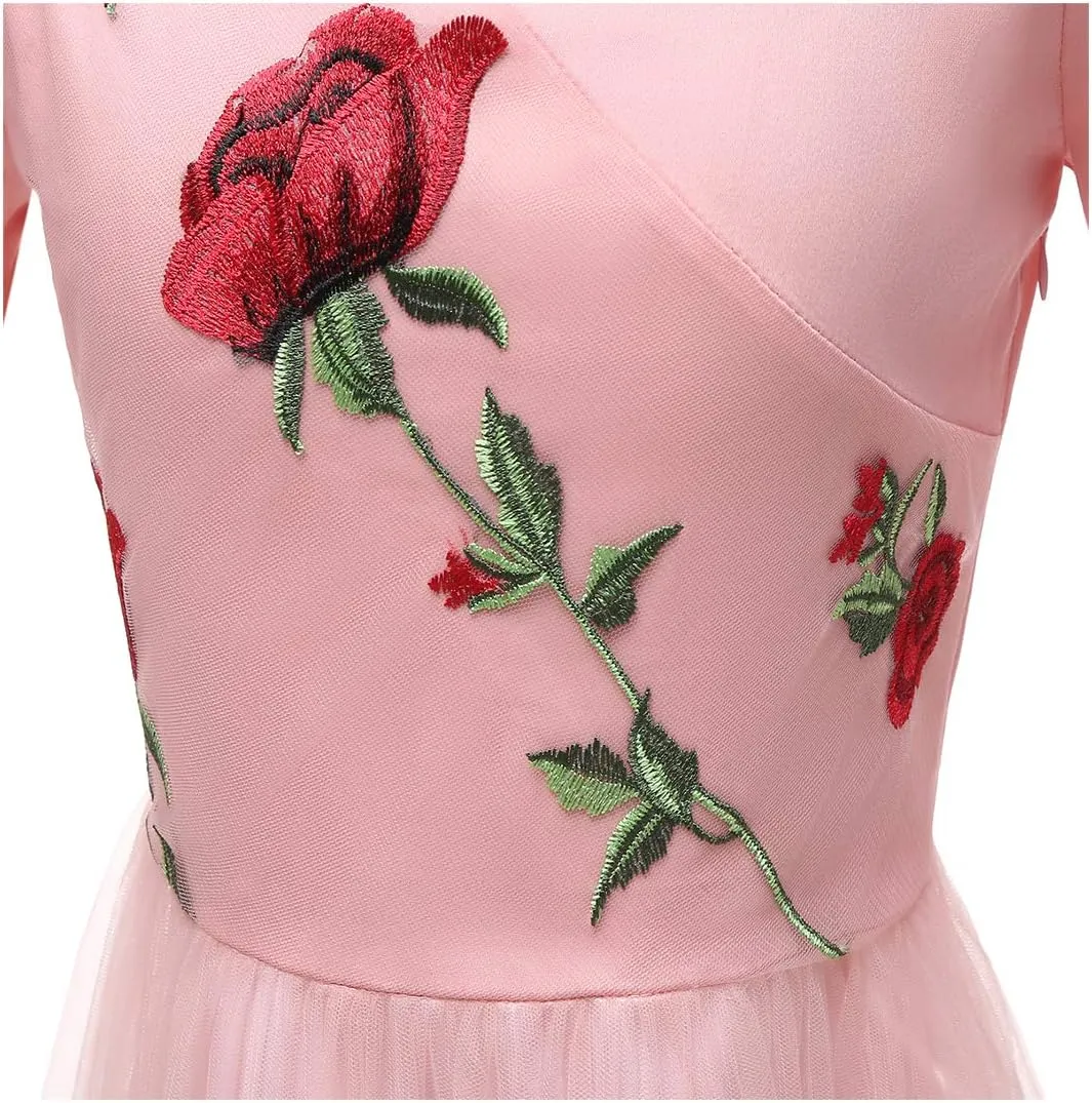 Women Vintage Off Shoulder Rose Embroidered Floral Evening Dress V Neck Short 3/4 Sleeves Wedding Cocktail A Line Midi Gown