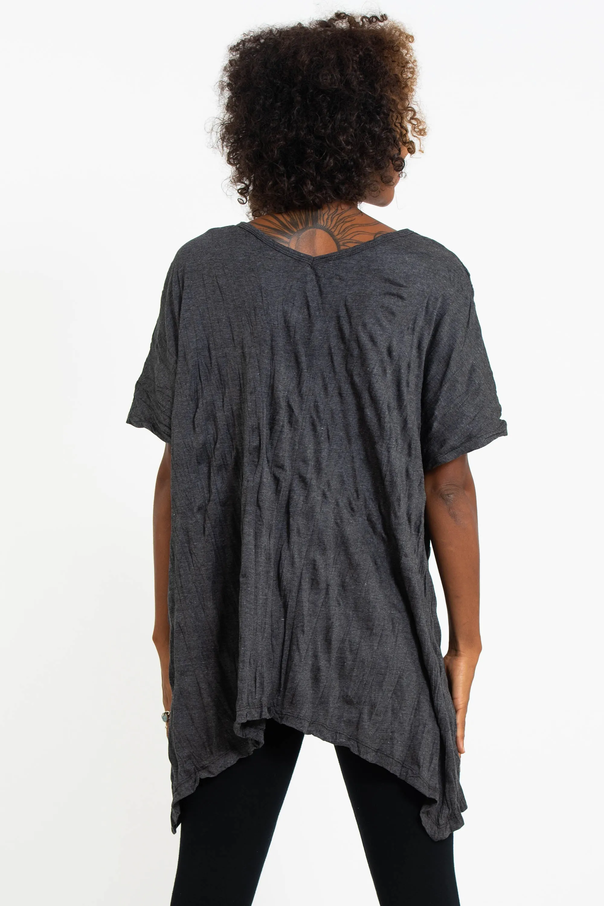 Womens Om Tree Loose V Neck T-Shirt in Silver on Black