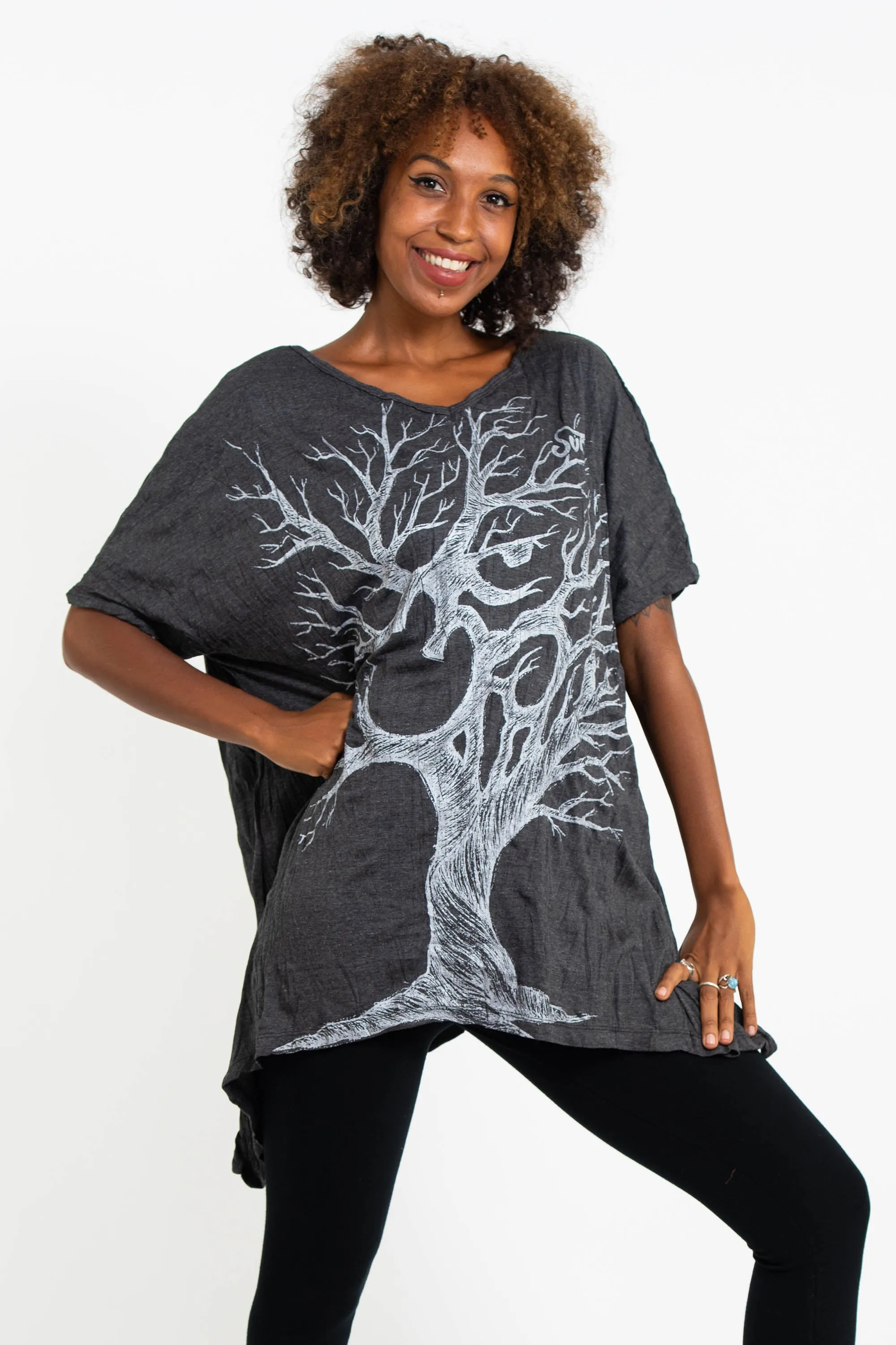 Womens Om Tree Loose V Neck T-Shirt in Silver on Black