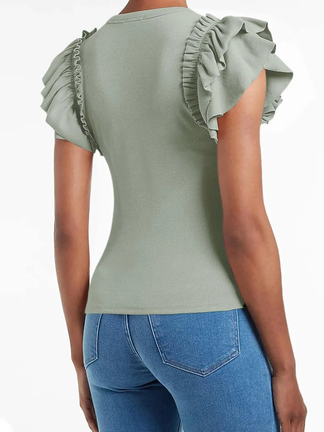Womens Ruffle Short Sleeve Shirts Slim Fit High Neck Knit Ribbed Tops