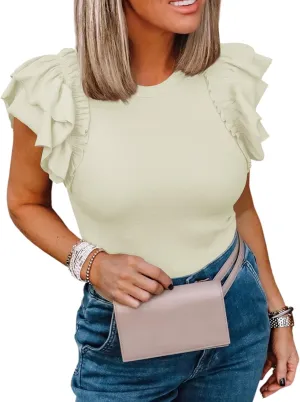 Womens Ruffle Short Sleeve Shirts Slim Fit High Neck Knit Ribbed Tops