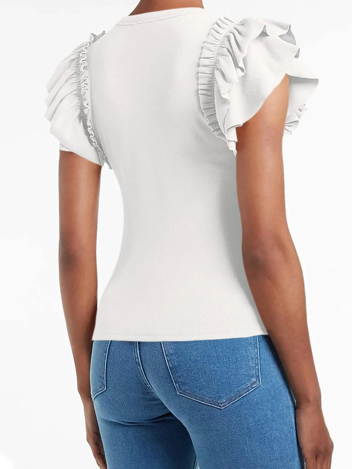 Womens Ruffle Short Sleeve Shirts Slim Fit High Neck Knit Ribbed Tops
