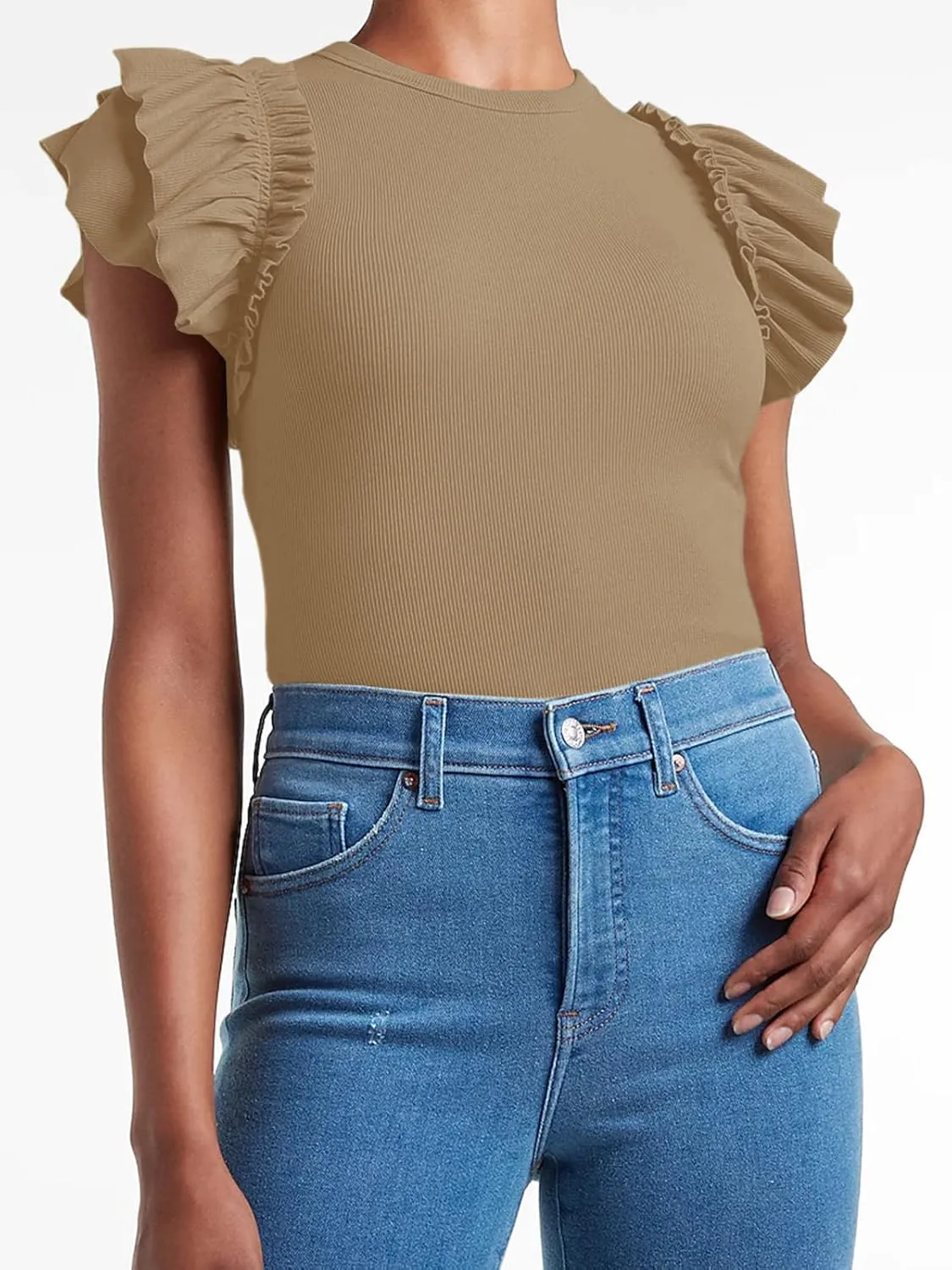 Womens Ruffle Short Sleeve Shirts Slim Fit High Neck Knit Ribbed Tops