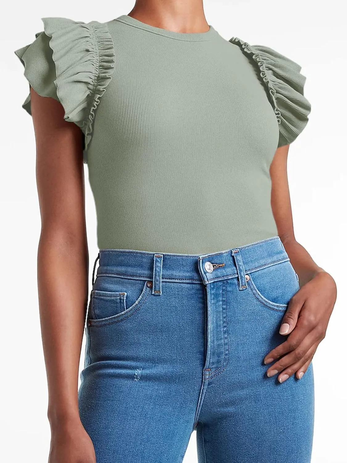 Womens Ruffle Short Sleeve Shirts Slim Fit High Neck Knit Ribbed Tops