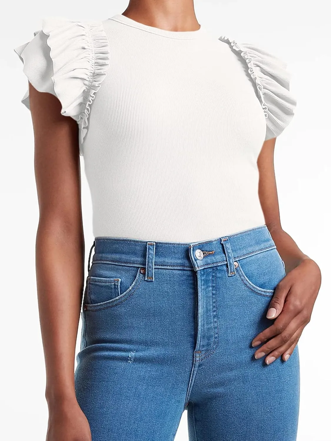Womens Ruffle Short Sleeve Shirts Slim Fit High Neck Knit Ribbed Tops