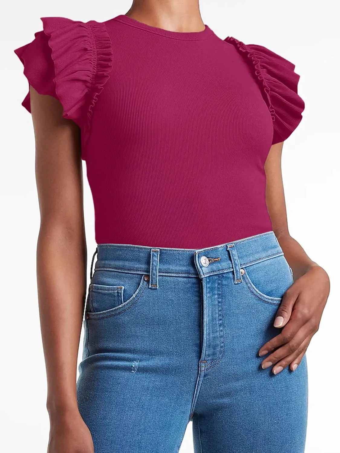 Womens Ruffle Short Sleeve Shirts Slim Fit High Neck Knit Ribbed Tops