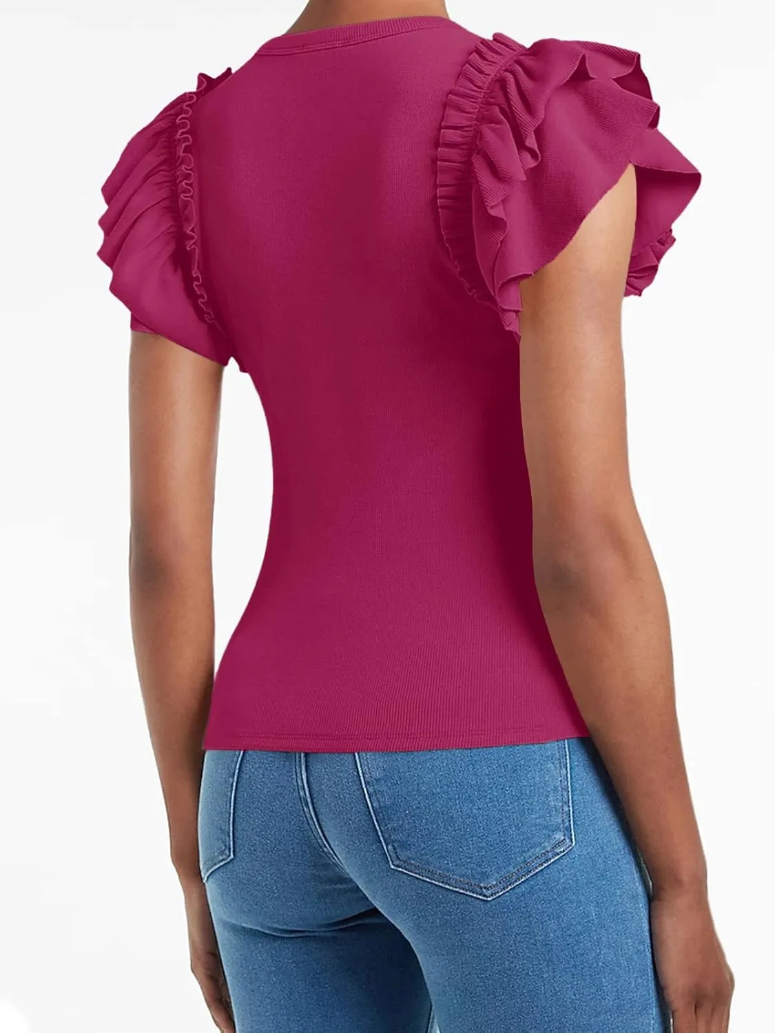 Womens Ruffle Short Sleeve Shirts Slim Fit High Neck Knit Ribbed Tops