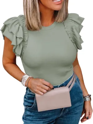 Womens Ruffle Short Sleeve Shirts Slim Fit High Neck Knit Ribbed Tops
