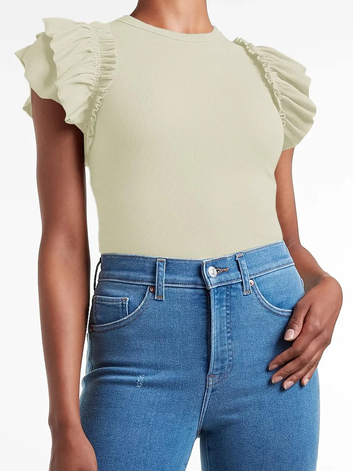 Womens Ruffle Short Sleeve Shirts Slim Fit High Neck Knit Ribbed Tops
