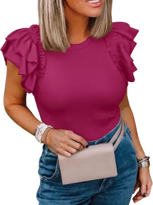 Womens Ruffle Short Sleeve Shirts Slim Fit High Neck Knit Ribbed Tops