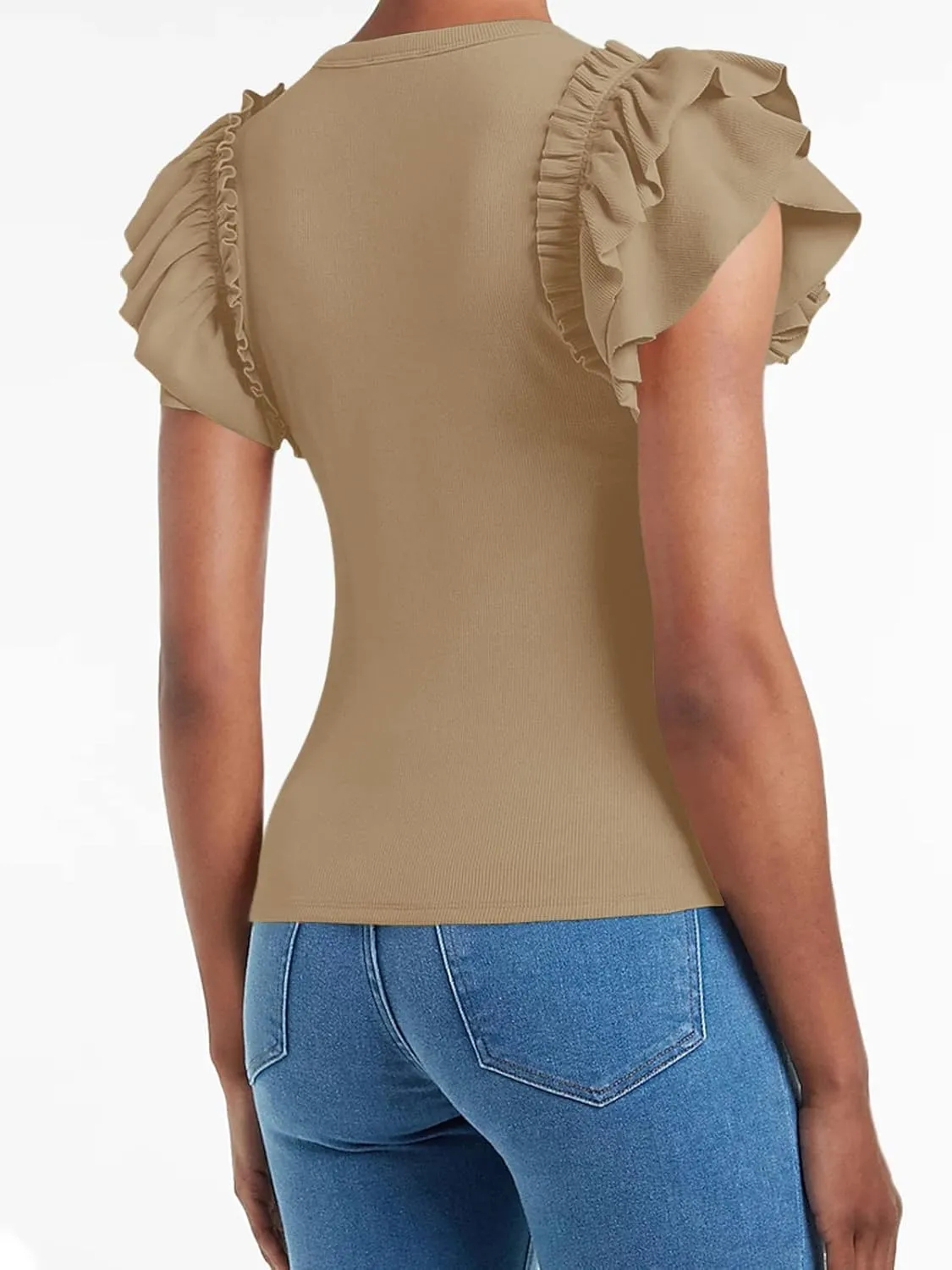 Womens Ruffle Short Sleeve Shirts Slim Fit High Neck Knit Ribbed Tops