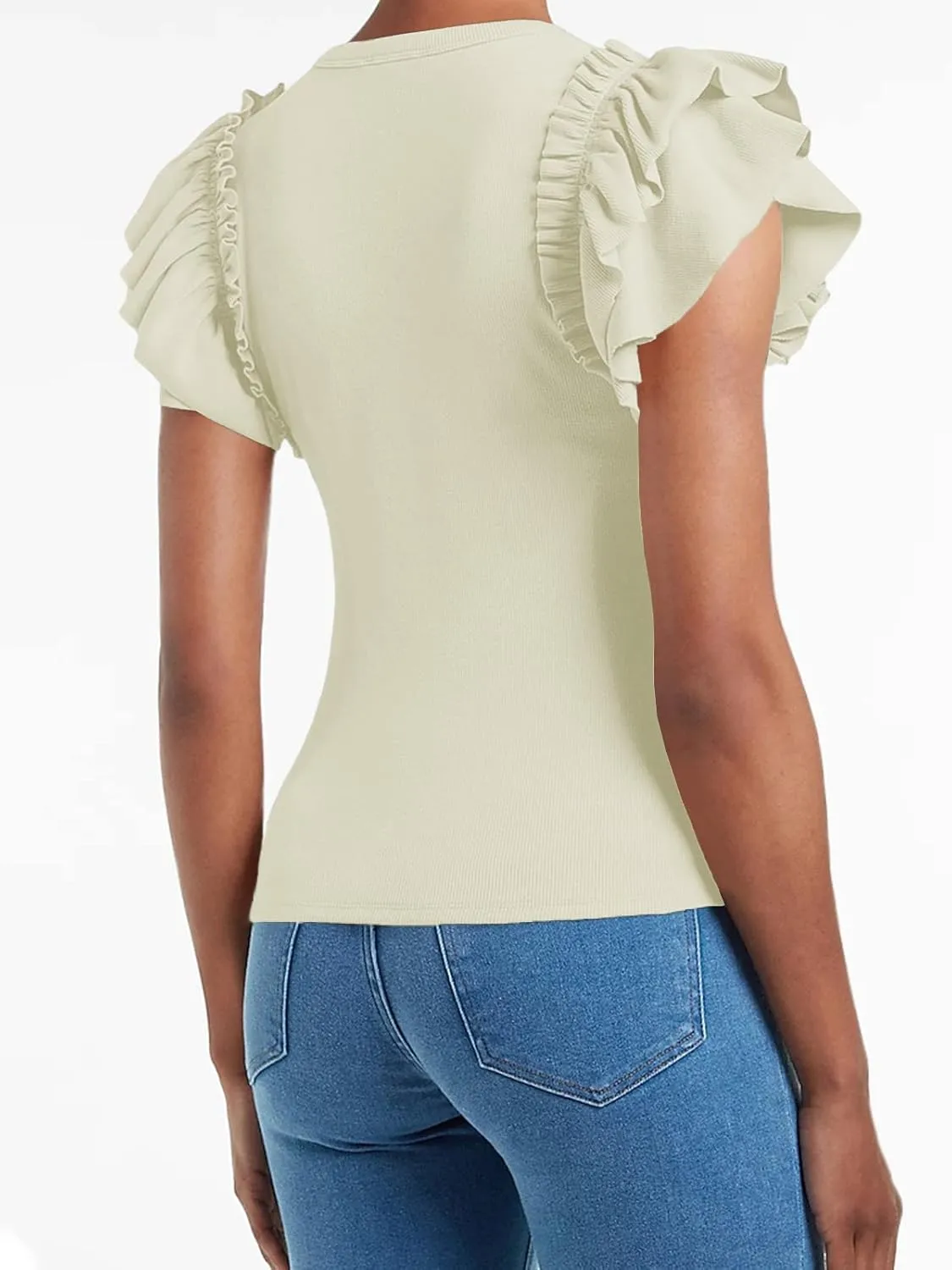 Womens Ruffle Short Sleeve Shirts Slim Fit High Neck Knit Ribbed Tops
