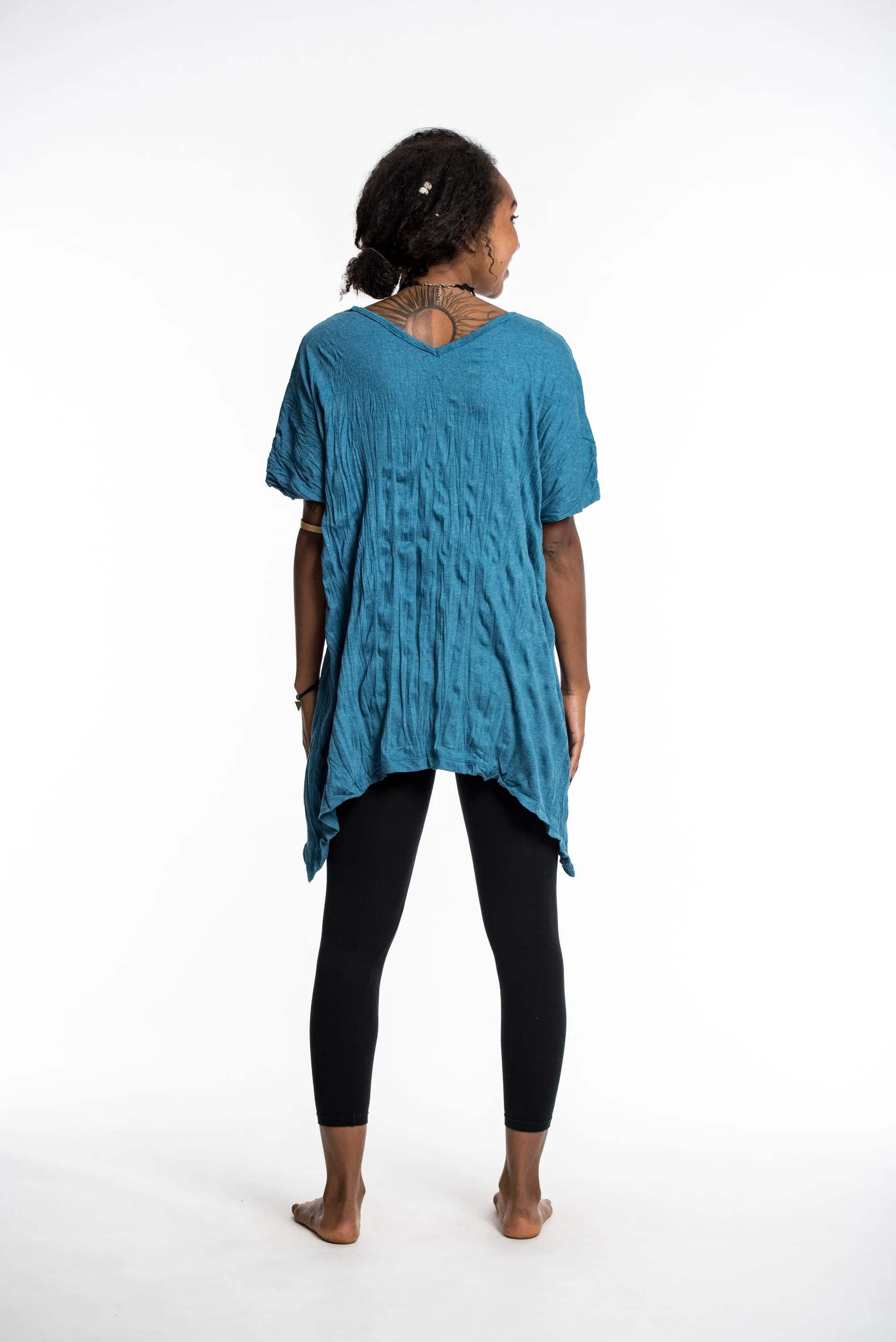 Womens Solid Color Loose V Neck T-Shirt in Denim Blue