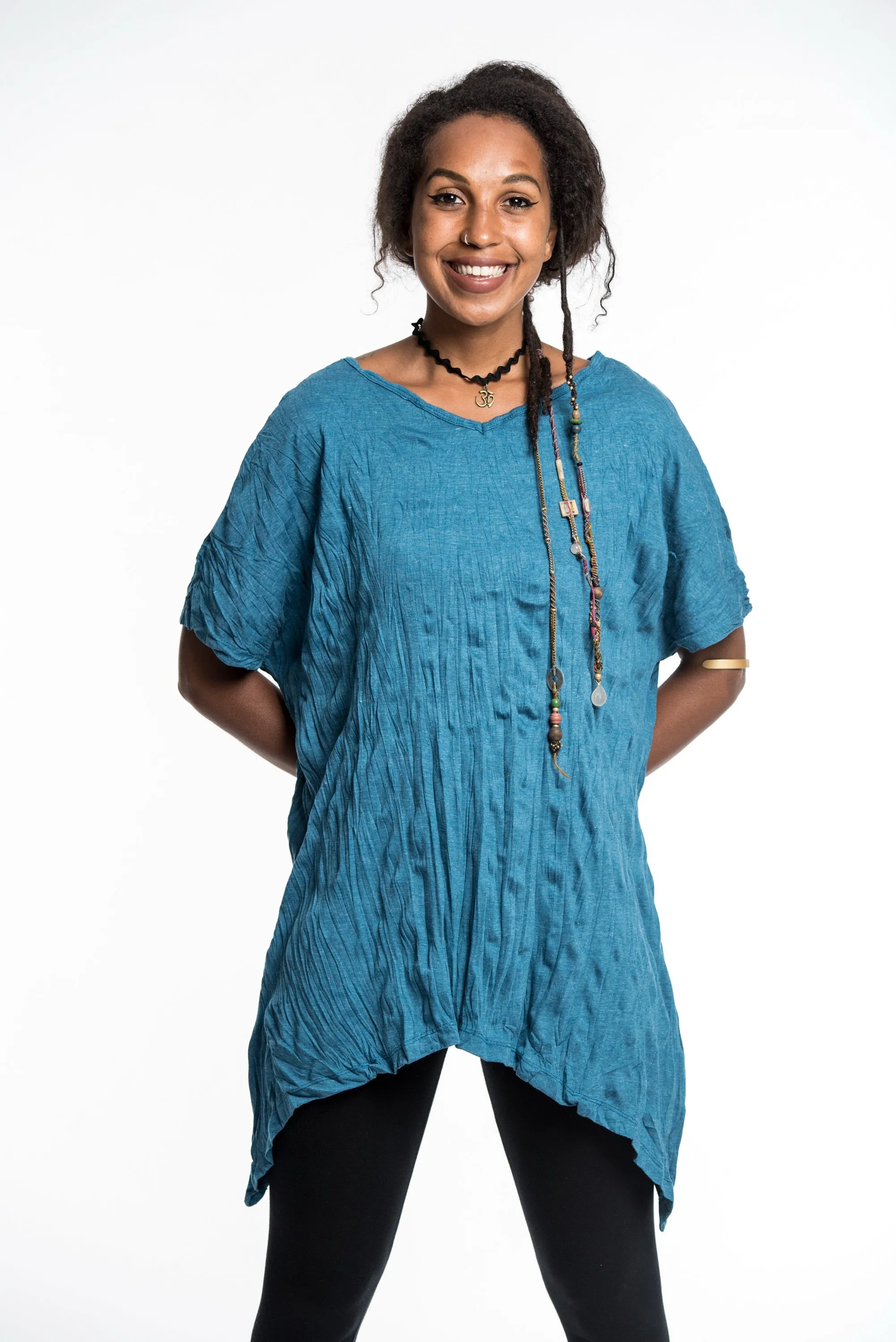 Womens Solid Color Loose V Neck T-Shirt in Denim Blue