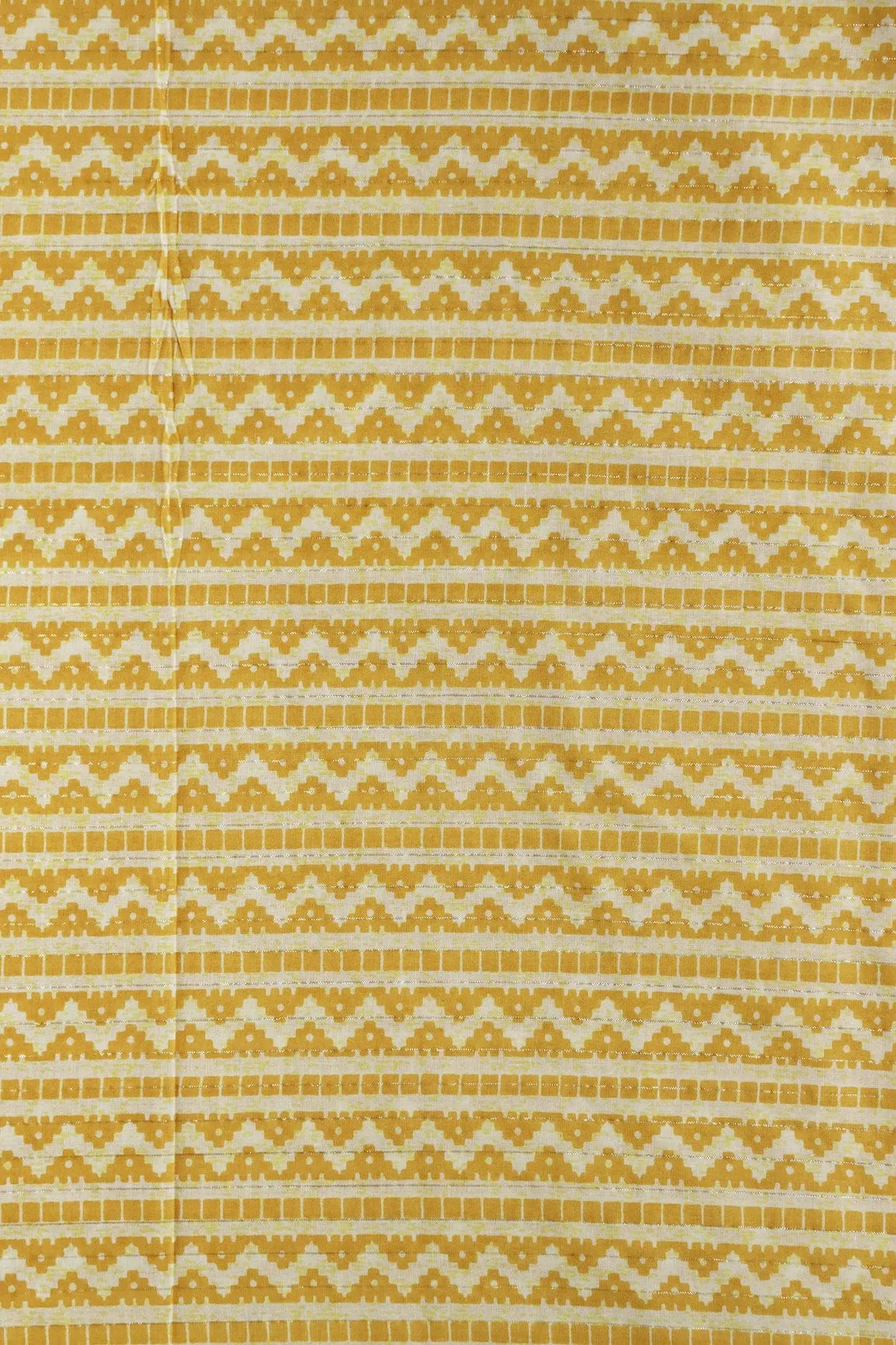 Yellow And White Chevron Pattern Screen Print Lurex Organic Cotton Fabric
