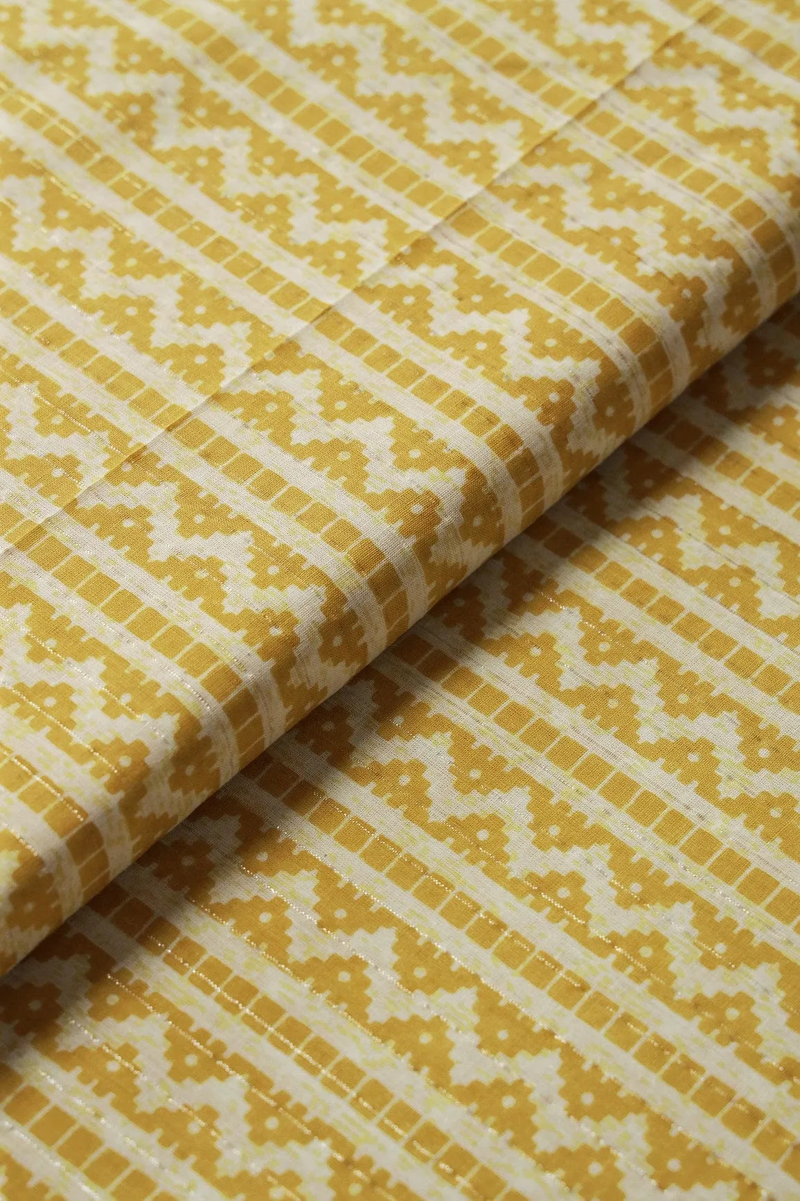 Yellow And White Chevron Pattern Screen Print Lurex Organic Cotton Fabric